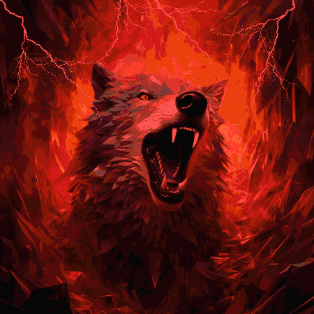 A Painting Of A Wolf With Its Mouth Open And Lightning In The Background GIF
