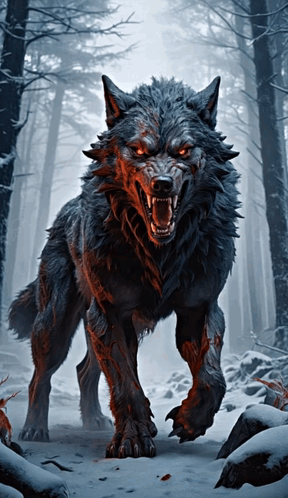 A Painting Of A Wolf With Its Mouth Open In The Snow GIF