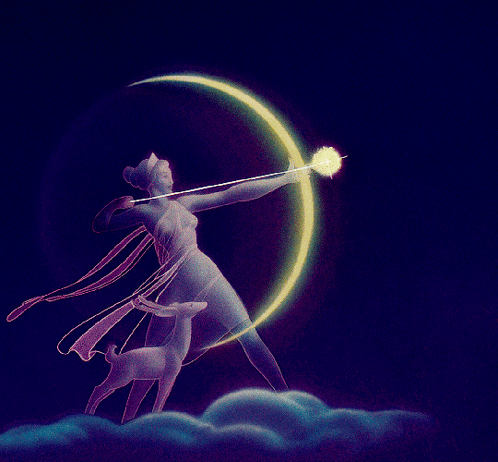 a painting of a woman and a deer with a crescent moon behind them