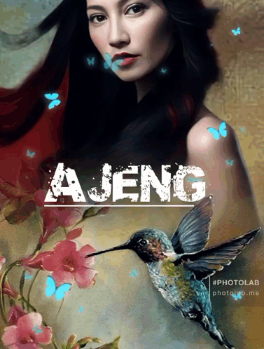 A Painting Of A Woman And A Hummingbird With The Name Ajeng Above It GIF