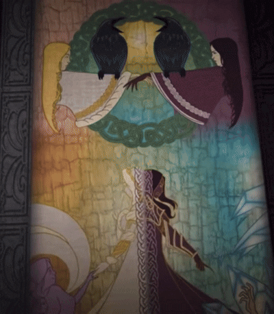 A Painting Of A Woman And Two Birds With A Celtic Pattern GIF