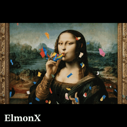A Painting Of A Woman Blowing A Party Horn With The Word Elmonx Below Her GIF