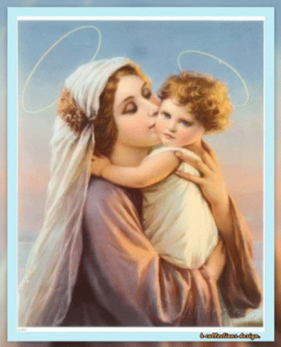 A Painting Of A Woman Holding A Baby With The Words A Collection Of Design Below It GIF