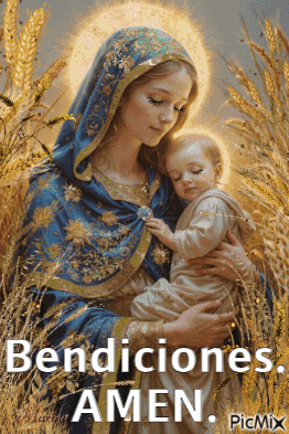 A Painting Of A Woman Holding A Baby With The Words Bendiciones Amen Written Below It GIF