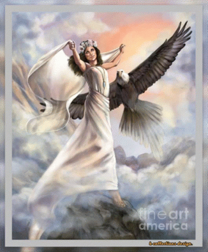 A Painting Of A Woman Holding A Bald Eagle With Fineart America Written On The Bottom GIF