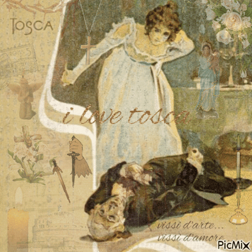 A Painting Of A Woman Holding A Cross Next To A Man Laying On The Ground With The Words I Love Tosca GIF