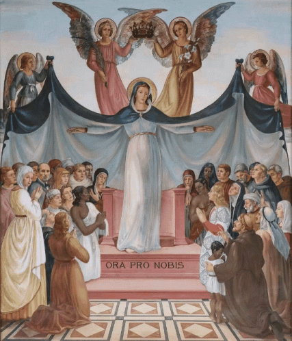 A Painting Of A Woman Holding A Crown And The Words Ora Pro Nobis Below Her GIF