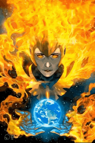 A Painting Of A Woman Holding A Globe In Her Hands Surrounded By Flames GIF