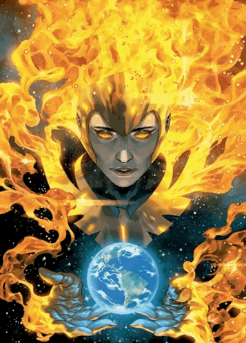 A Painting Of A Woman Holding A Globe With Flames Behind Her GIF