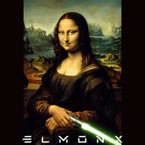 A Painting Of A Woman Holding A Green Light Saber With The Words El Monx Below It GIF