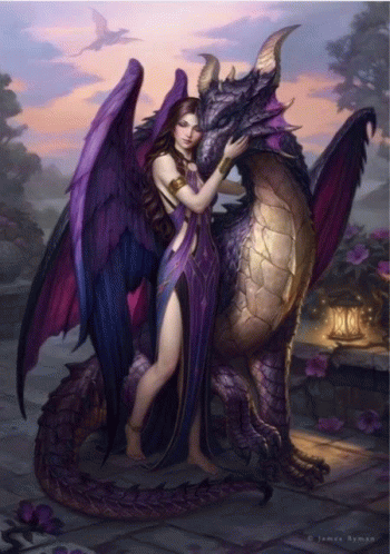 A Painting Of A Woman Hugging A Purple Dragon With The Name James Roman At The Bottom GIF