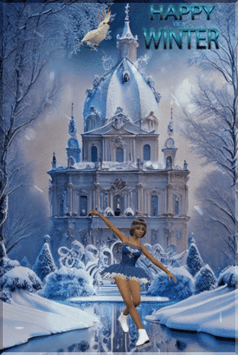 A Painting Of A Woman Ice Skating In Front Of A Castle That Says Happy Winter On It GIF