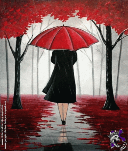 A Painting Of A Woman In A Black Coat Holding A Red Umbrella GIF