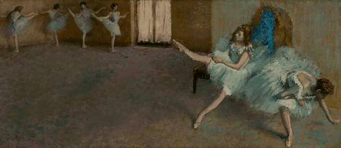 A Painting Of A Woman In A Blue Dress Sitting On A Chair With Her Legs Crossed GIF