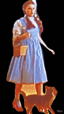 A Painting Of A Woman In A Blue Dress Standing Next To A Dog With Veo Written On The Bottom GIF