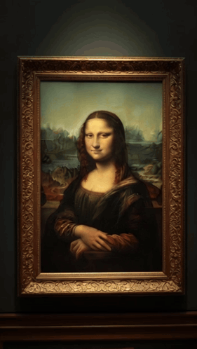 A Painting Of A Woman In A Gold Frame On A Wall GIF