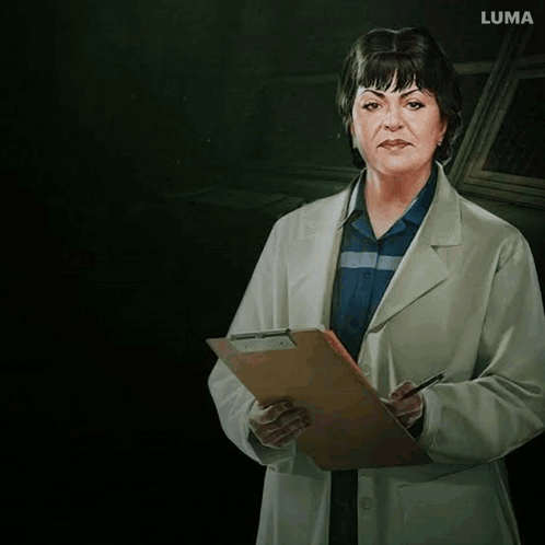 A Painting Of A Woman In A Lab Coat Holding A Clipboard And A Pen . GIF
