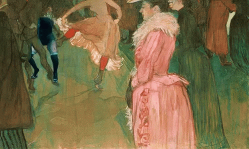 A Painting Of A Woman In A Pink Dress Standing In A Crowd Of People GIF