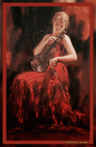 A Painting Of A Woman In A Red Dress Playing A Violin By B Collections Design GIF