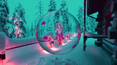 A Painting Of A Woman In A Snow Globe With Trees In The Background GIF