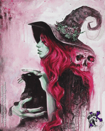 A Painting Of A Woman In A Witch Hat Holding A Cat GIF