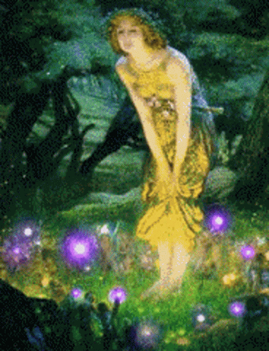 A Painting Of A Woman In A Yellow Dress In A Forest GIF