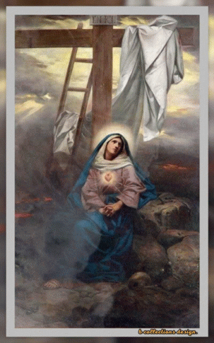 A Painting Of A Woman Kneeling Under A Cross With The Word Jesus Visible GIF