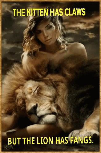 A Painting Of A Woman Laying Next To A Lion With The Caption " The Kitten Has Claws But The Lion Has Fangs " GIF