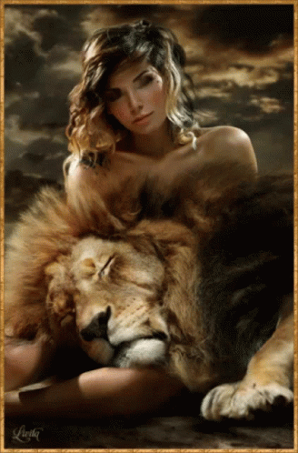 A Painting Of A Woman Laying Next To A Lion With The Name Frilka On The Bottom Right GIF