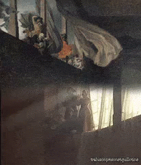 A Painting Of A Woman Laying On A Bed With A Reflection Of Her In The Window GIF