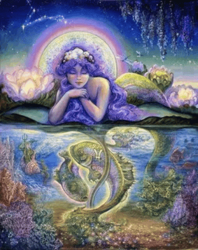 A Painting Of A Woman Laying On A Lily Pad GIF