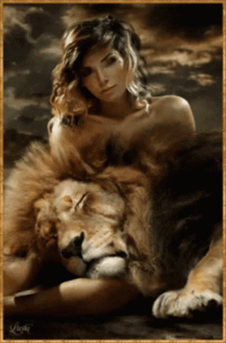 A Painting Of A Woman Laying On Top Of A Lion With A Gold Frame GIF