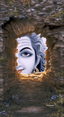 A Painting Of A Woman Looking Out Of A Hole In A Wall GIF