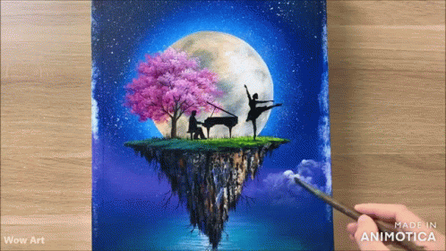 A Painting Of A Woman Playing A Piano And A Ballerina Dancing GIF