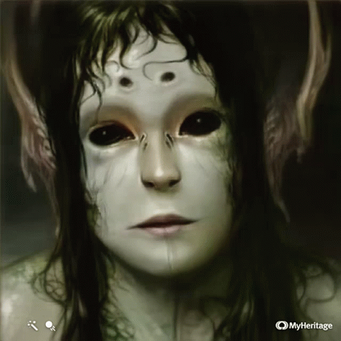 A Painting Of A Woman 'S Face Is Displayed On A Website Called Myheritage GIF
