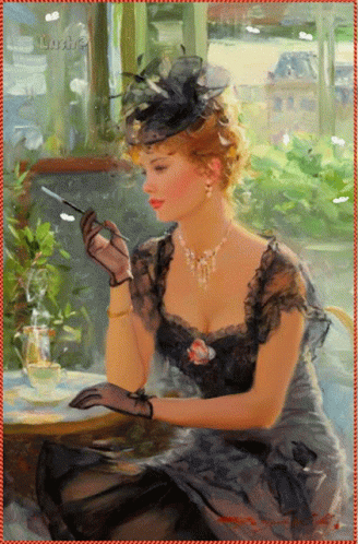 A Painting Of A Woman Sitting At A Table With A Cigarette GIF