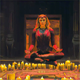 A Painting Of A Woman Sitting In A Lotus Position With Candles Around Her GIF