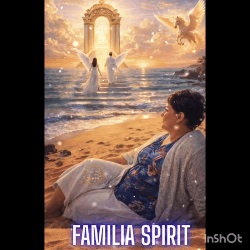 A Painting Of A Woman Sitting On A Beach With Familia Spirit Written Underneath Her GIF