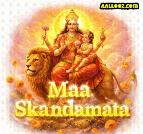 A Painting Of A Woman Sitting On A Lion With The Words Maa Skandamata Above Her GIF