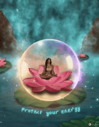 A Painting Of A Woman Sitting On A Lotus Flower With The Words " Protect Your Energy " Written Below Her GIF