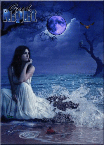 A Painting Of A Woman Sitting On The Beach With The Words Good Night Written Above Her GIF