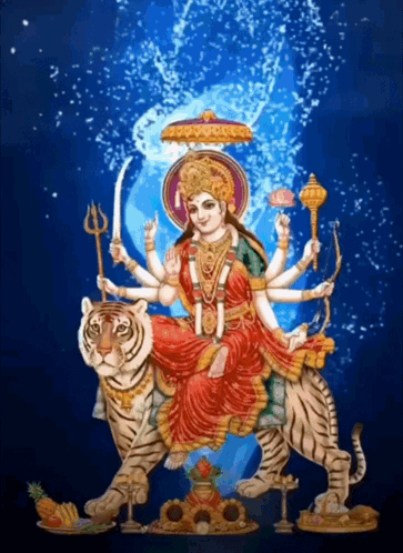 A Painting Of A Woman Sitting On Top Of A Tiger Holding A Trident GIF