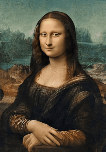 A Painting Of A Woman Sitting With Her Hands Folded In Front Of A Landscape GIF