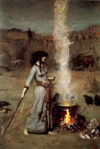 A Painting Of A Woman Standing In Front Of A Fire With Smoke Coming Out Of It GIF