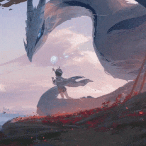 A Painting Of A Woman Standing Next To A Dragon GIF