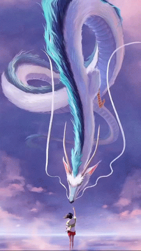 A Painting Of A Woman Standing Next To A Giant Dragon GIF