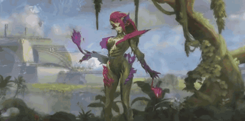 A Painting Of A Woman Standing Next To A Tree In A Field . GIF