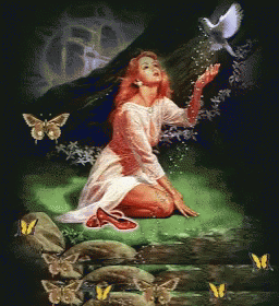 A Painting Of A Woman Surrounded By Butterflies And A White Bird GIF