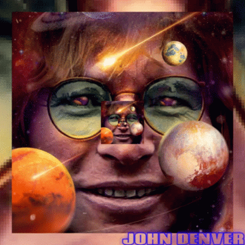 A Painting Of A Woman Surrounded By Planets With The Name John Denver Below It GIF