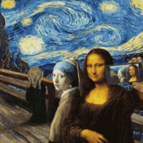 A Painting Of A Woman Taking A Picture Of Herself In Front Of A Starry Sky GIF
